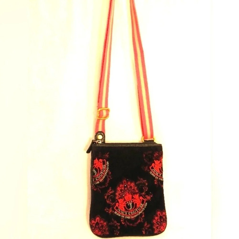 Juicy Couture Crossbody BLACK VELVET Shoulder Bag Purse Adjustable EMBROIDERED